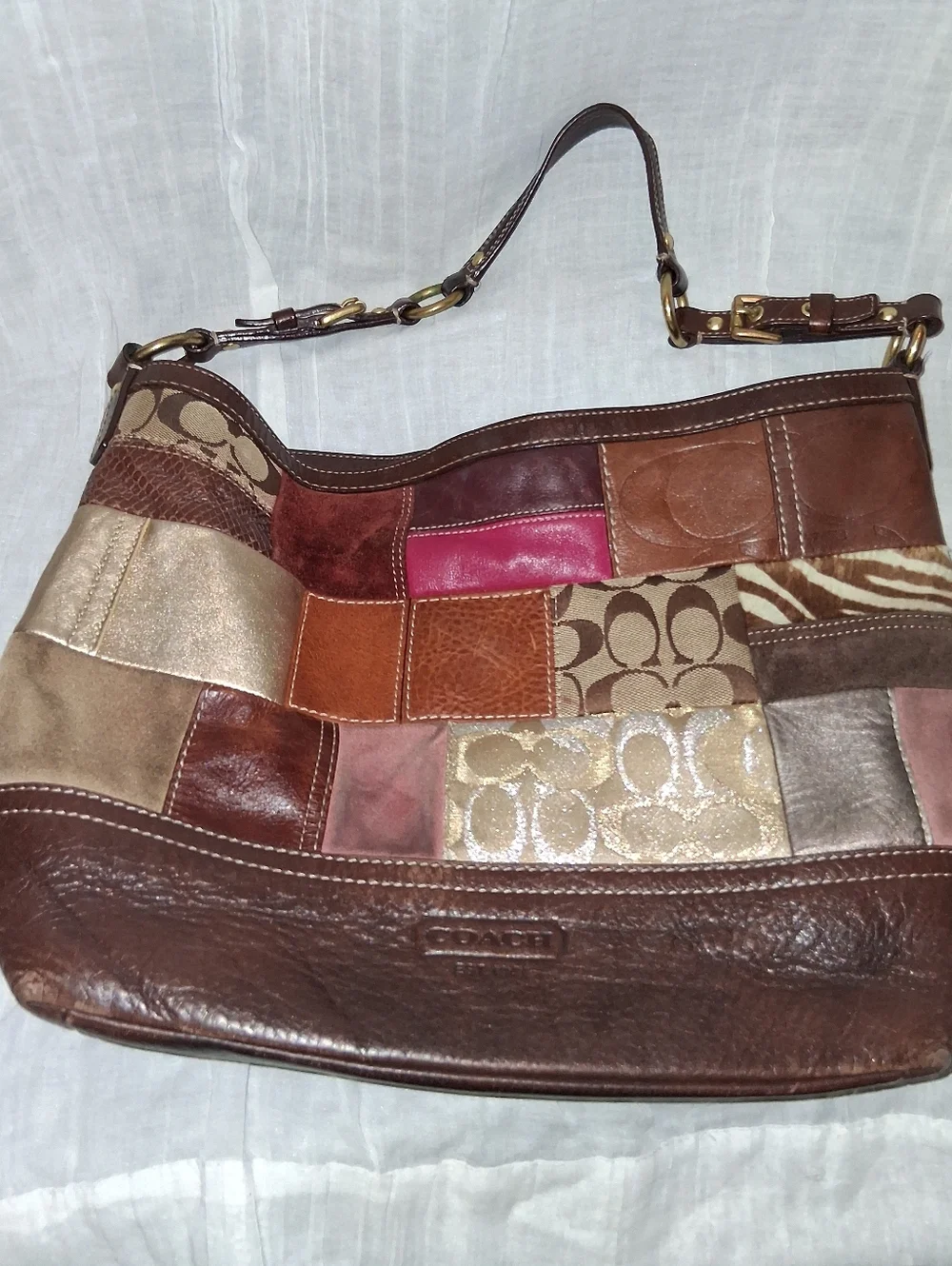 Coach Patchwork Shoulder Bag - Brown Multi-Tone with Pink Accent - Picture 2 of 11